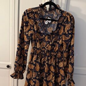 Paisley Print Long Sleeve Mini Dress with Stretch Waist